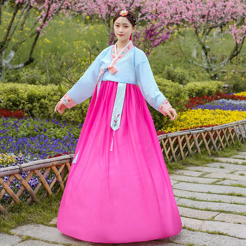 

Women New Multicolor Fluffy Hanbok Top Skirt Set Female Palace Performance Costume Korean Traditional Embroidery Clothing Dress