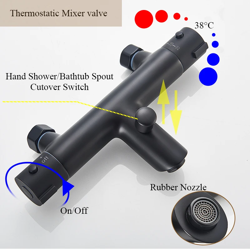 Matte Black Thermostatic Bathtub Faucet Bathroom Hot Cold Mixer Tap Wall Mount Bath Shower Faucets Handshower Robinet Baignoire 2