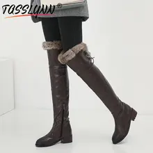 TASSLYNN/ г. Тонкие сапоги из PU искусственной кожи женские зимние сапоги выше колена без застежки с круглым носком непромокаемые сапоги на меху на квадратном каблуке плюшевые размеры 34-43
