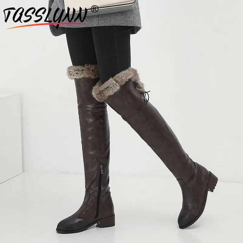 

TASSLYNN 2019 PU Slim Boots Round Toe Slip-On Basic Over-the-Knee Women Winter Boots Square Heel Fur Rain Boots Plush Size 34-43