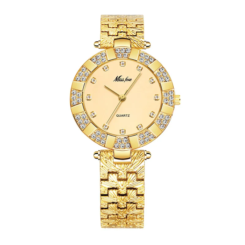 MISSFOX Womanes часы модные кварцевые роскошные золотые бриллиантовые водонепроницаемые повседневные наручные часы из нержавеющей стали с большим циферблатом для женщин Reloj Mujer - Color: gold