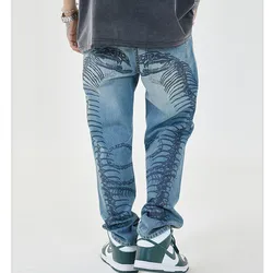 Pantalones vaqueros holgados con estampado de esqueleto para hombre, Jeans rectos informales de algodón, ropa gótica para adolescentes, 2021