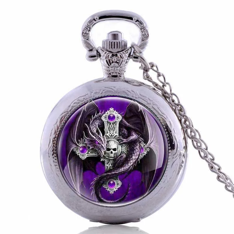 

Vintage Cross Skull Dragon Pocket Watch Quartz Pendant Antique Necklace Chain