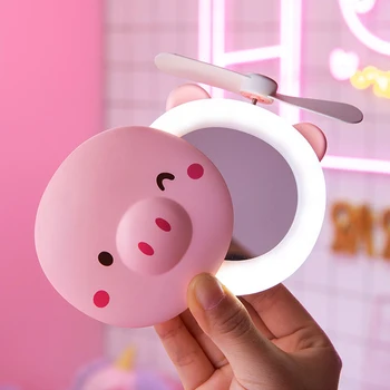 

2 in 1 Mini Handheld Fan Makeup Mirror Portable Pig Cartoon LED Light Cosmetic Beauty Mirror USB Rechargeable Small Cooling Fan