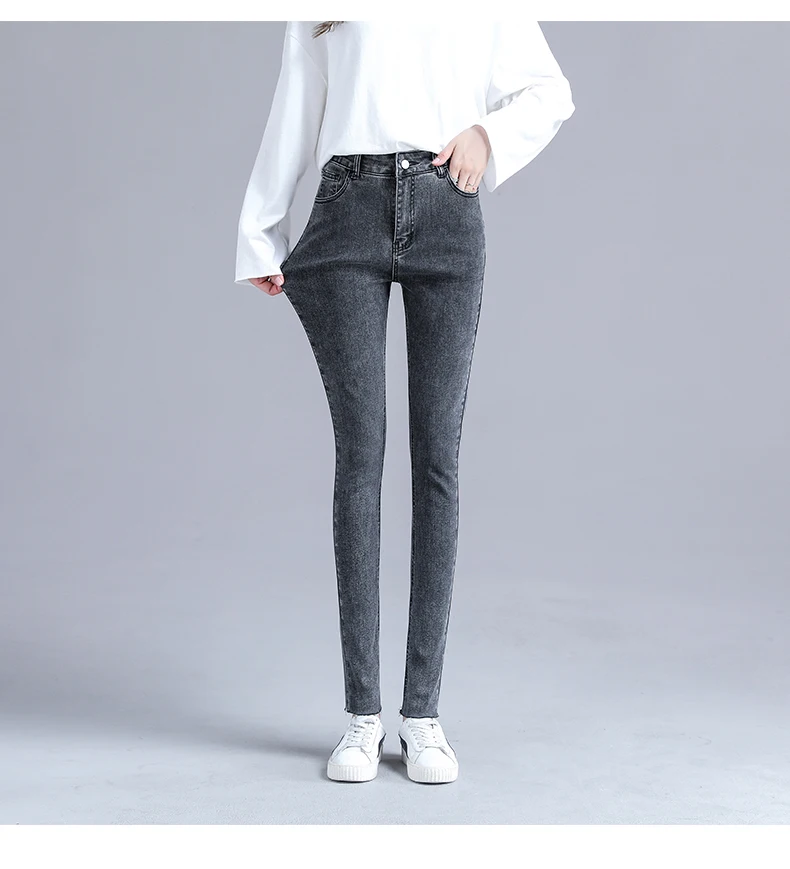 levis 501 Female Korean High Waist Jeans Women'S Winter Elastic Leggings Trousers Spring Autumn Leisure New Slim Pencil Tight Pants Lady buckle jeans