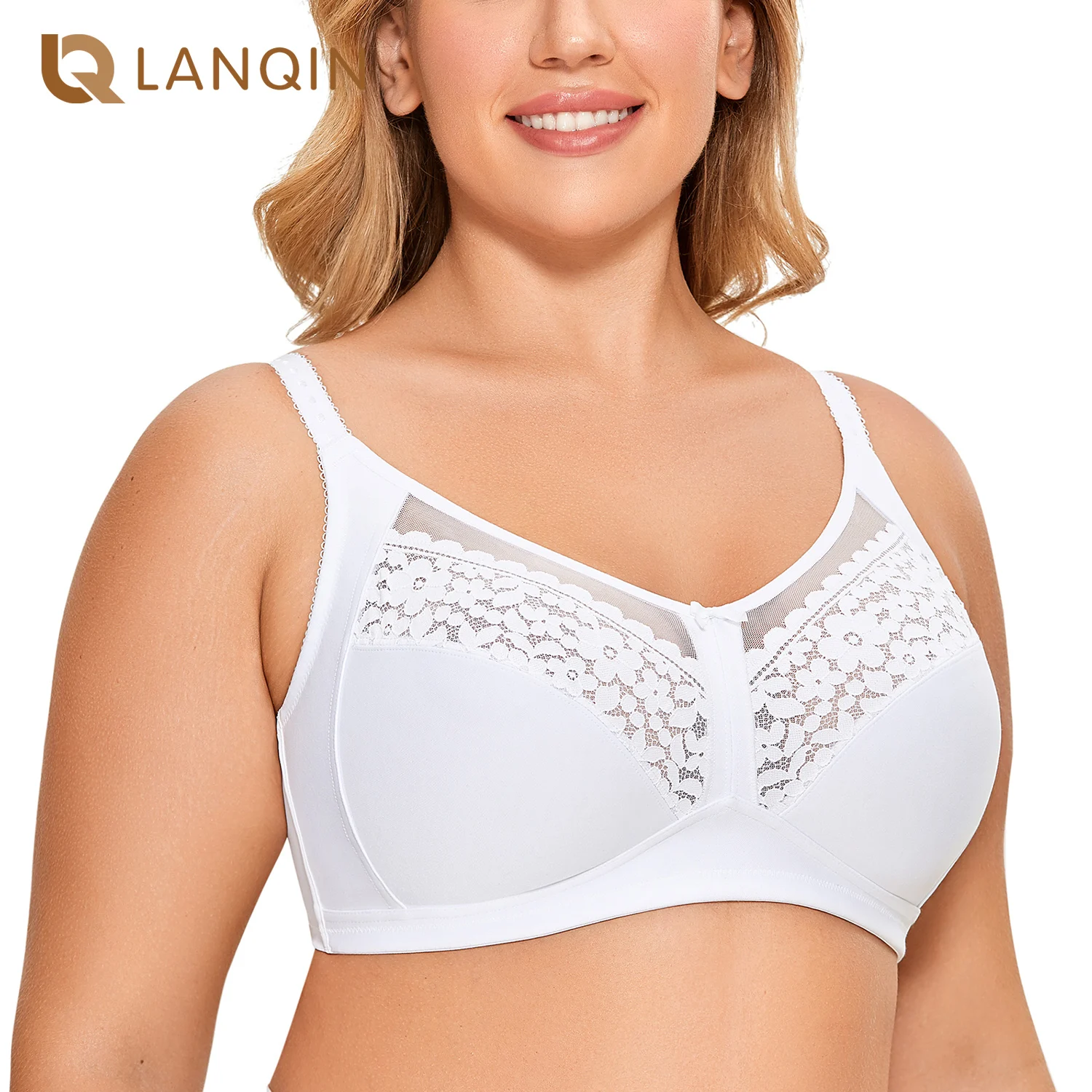 Women's Full Coverage Cotton Floral Lace Bra Wireless Unlined Plus Size Sleep Plus Size Sheer Mesh