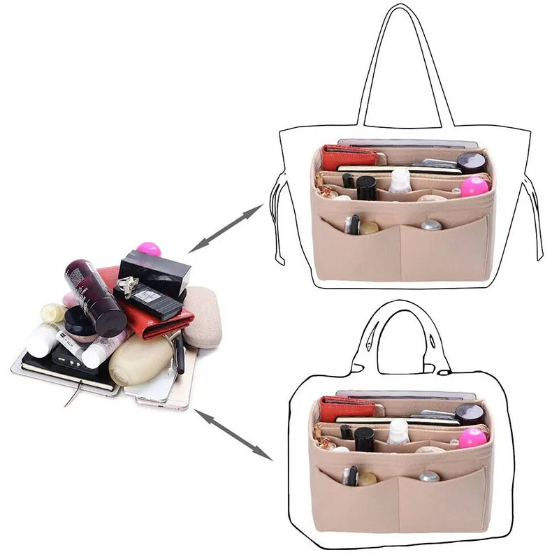 Felt Cloth Insert Bag Organizer Makeup Bucket Organizer Travel Inner Purse  Portable Classic Portable Makeup Bag Cosmetic Make Up Accessories Tote Bag  For Teen Girls Women College Students Rookies & White-collar Workers