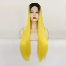 Парики из синтетического кружева спереди для женщин, желтый цвет, Длинные прямые парики с эффектом омбре, средняя часть, парики для косплея, парики из высокотемпературного волокна