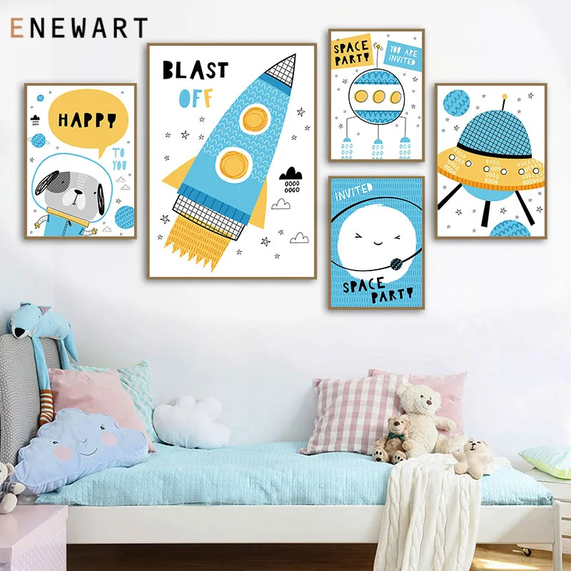 Мультфильм космические приключения холст настенные художественные синие