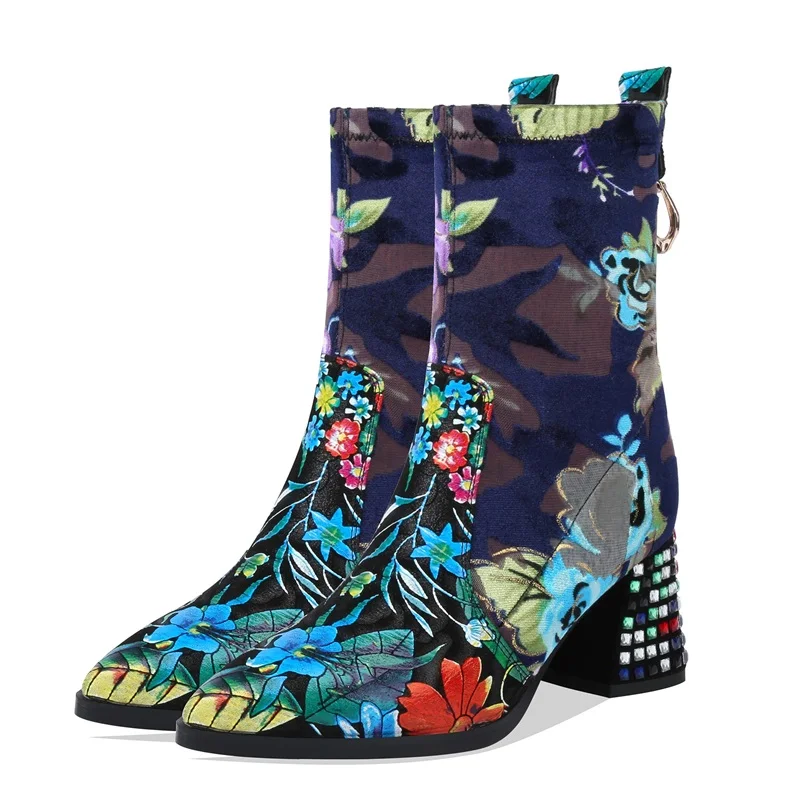 Модные замшевые ботильоны для женщин с принтом; модельные туфли-лодочки; женские вечерние ботинки с острым носком; botas mujer femme; сезон осень-зима