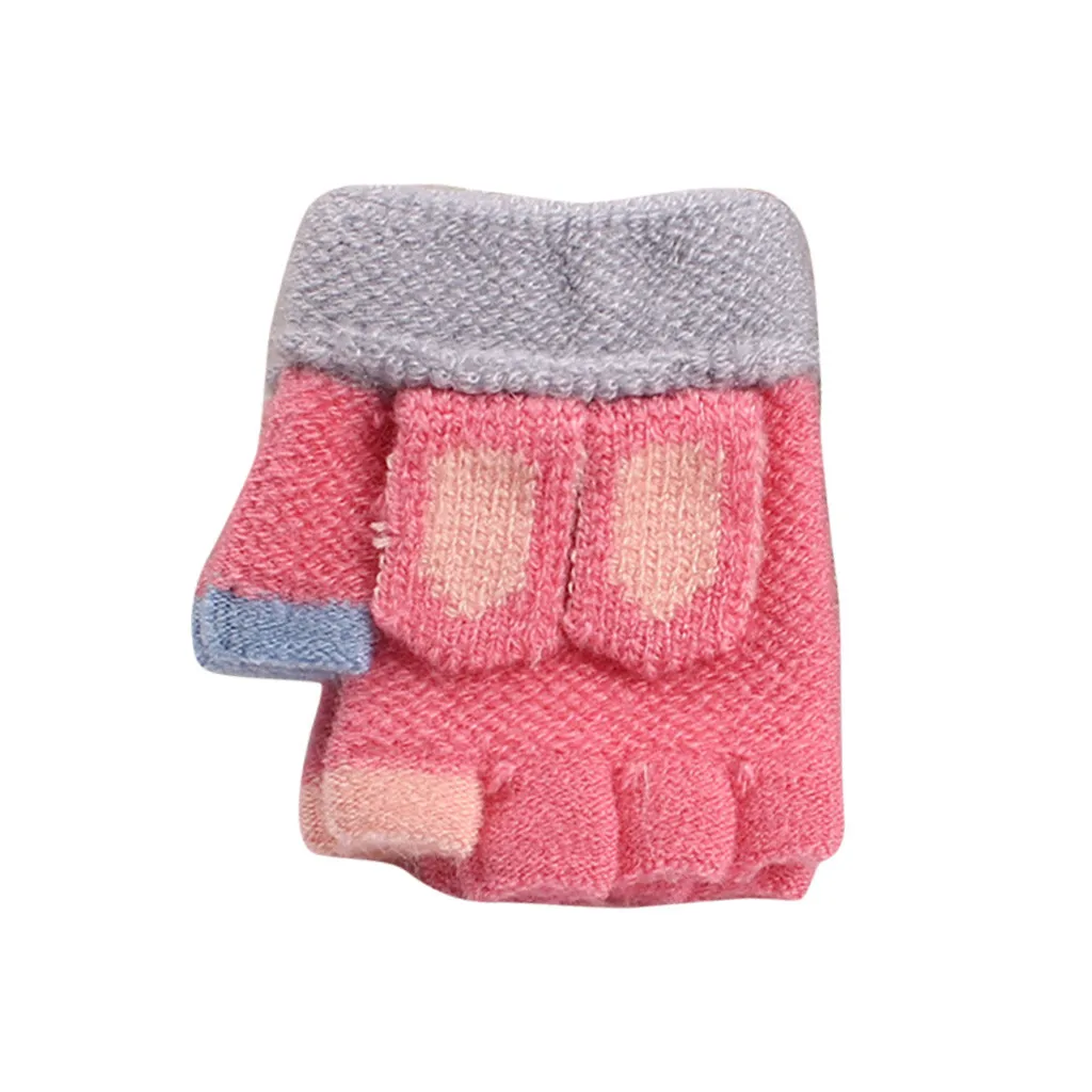 Winter Children's Half Finger Cartoon Warm Knit Gloves Children's Gloves Furring Knitted Glove Fashion Patchwork Cute Ski Gloves