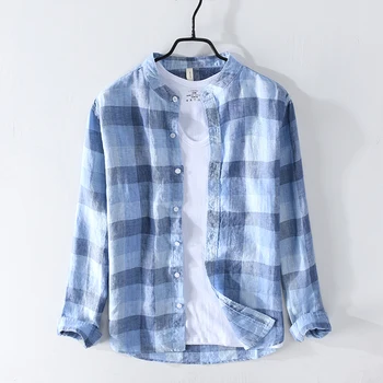 

100% Linen Plaid Shirts Long Sleeve Casual Stand Collar Basic Shirts Man Fashion Vintage Men's Clothing Y2716
