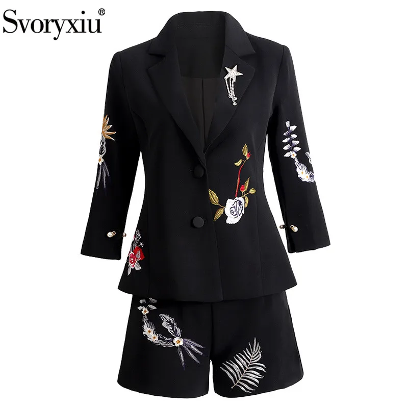 

Svoryxiu Women's Autumn Designer Fashion Office Lady Black Two Piece Set Long Sleeve Flower Embroidery Blazer + Shorts Suit