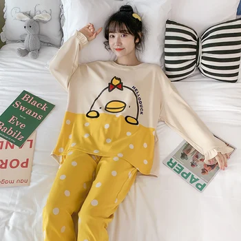 

Spring Fall Pyjamas Women Sleepwear Cotton Pajamas Cartoon Nighty Pullover Loose Version Pajamas Plus Size XXL