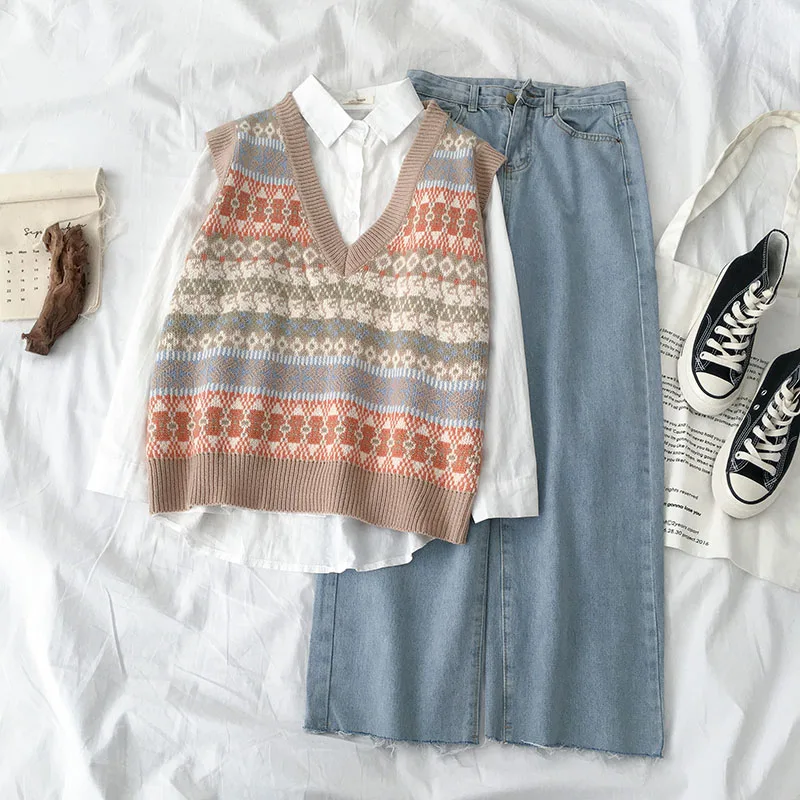 Spring Autumn Vintage Argyle Sweater Vest Women Korean Casual V Neck  Sleeveless Geometric Knittwear Student Chic Fresh Waistcoat - Sweater Vest  - AliExpress