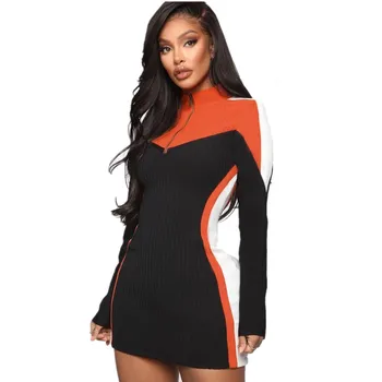 

Sexy Striped Zipper Front Wrap Women Dress Long Sleeve Ribbed Cotton Bodycon Dress Elegant Women Causal Turtlenecks Mini Dress
