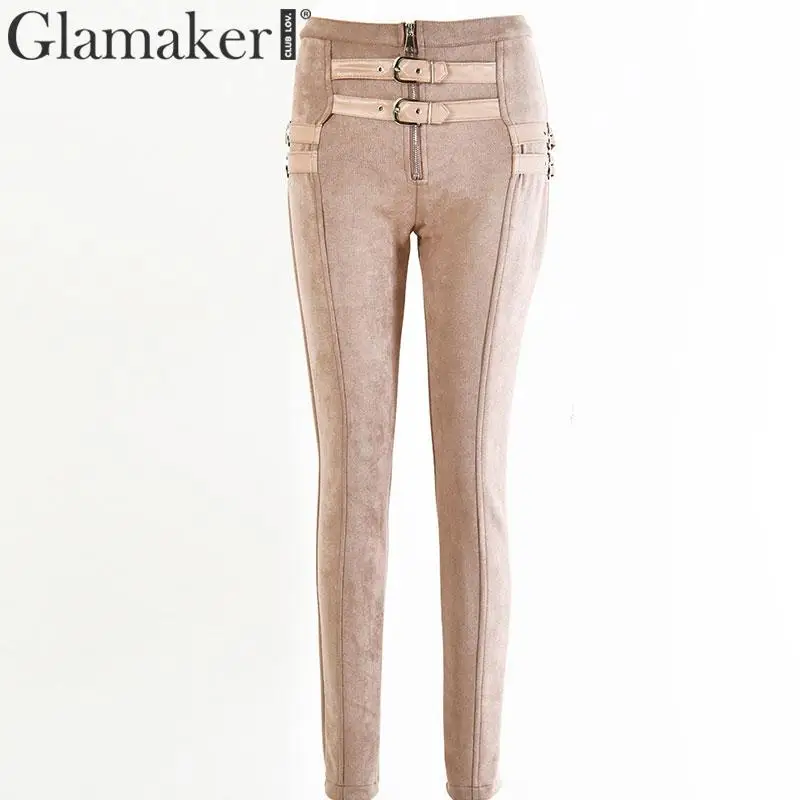 Glamaker замшевые обтягивающие брюки капри уличная Женская Брюки 2019AW винтажные пряжки Высокая талия брюки bodycon сексуальные брюки женские