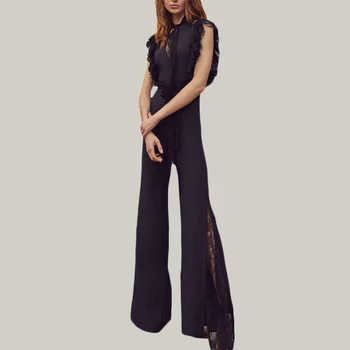 

HIGH STREET New Fashion 2020 Designer Women's Elegant Sleeveless Lace Bow Ruffles Patchwork Black Boot Cut Wide Leg Jumpsuit