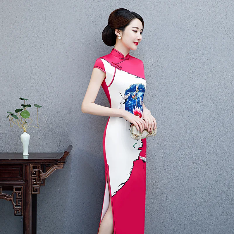 Элегантные атласные женские вечерние Qipao Цветочные Длинные китайские традиционные платья Восточный тонкий Cheongsam Vestidos плюс Размер M-5XL