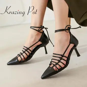 

Krazing pot new big size classic colors genuine leather pointed toe narrow band summer sandals lace up fashion high heels L82