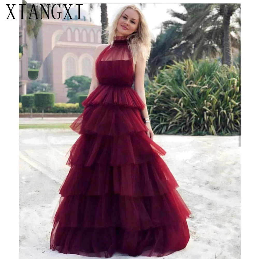 same as the picture Burgundy Tiered Tulle Evening Dress High Neck Sleeveless Puffy Formal Dresses Custom Made Long Party Gowns Robe De Soiree - Цвет: same as the picture