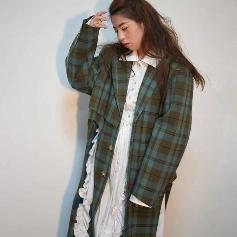 TVVOVVIN Women Plaid Hollow Out Asymmetrical Trench New Lapel Long Sleeve Loose Fit Windbreaker Fashion Autumn Winter F941