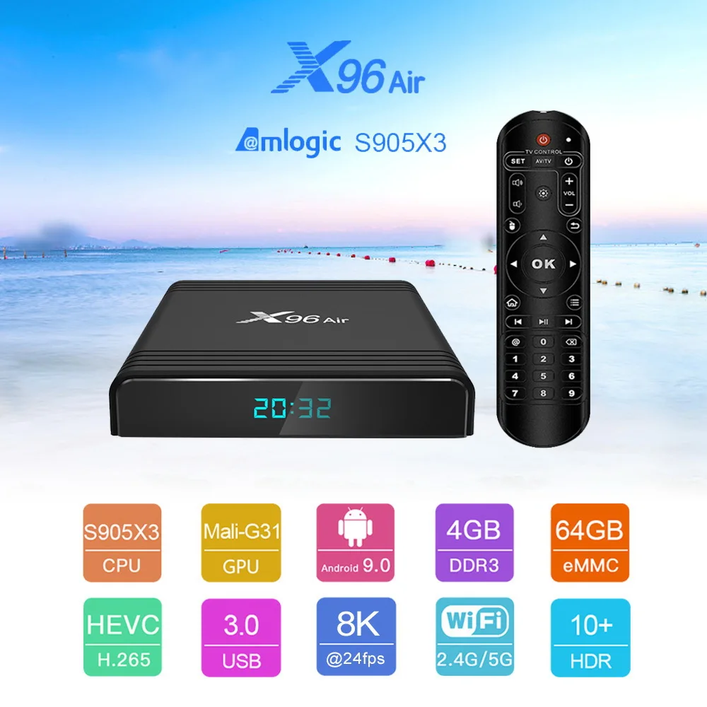 X96 воздуха 8K Amlogic S905X3 Смарт ТВ коробка Android 9 0 4 Гб 64 2 и 5 ГГц Wi Fi 1080P Youtube X96Air Декодер