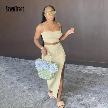 

Summer Women Two Piece Set Top And Dresses Matching Sets Camis Solid Tops Casual Maxi Sexy Dresses Party Night Club Dress 2020