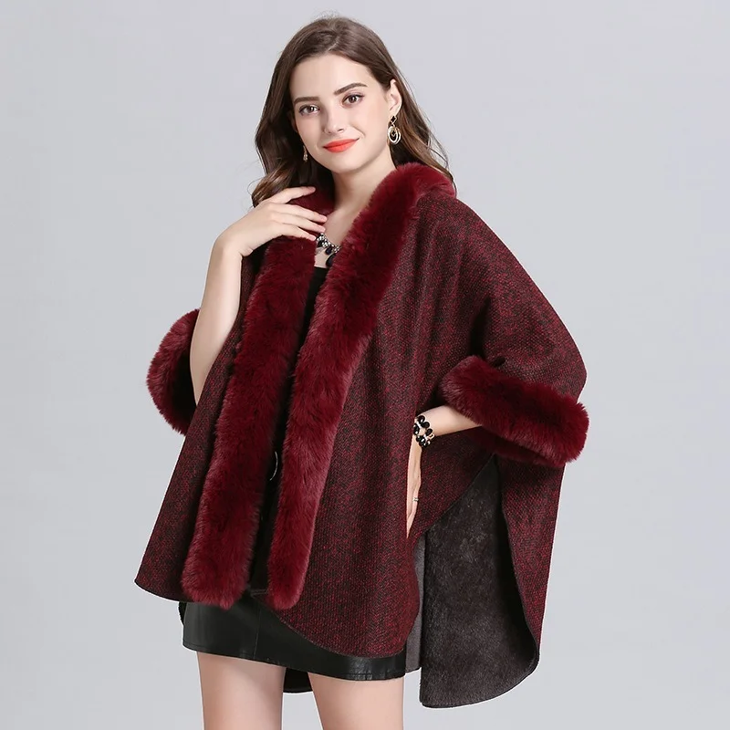 

New Women Winter Cloak Faux Fox Fur Patchwork Knitted Sweater Poncho Female Plus Size Loose Jackets Irregular Split Capes