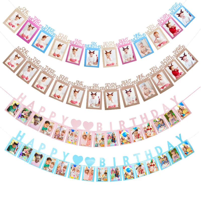 Baby Birthday Banner 12 Months Photo Bunting Baby Shower Paper Garland 2 16 18 21 30 40 50 60 Kids Adult Birthday Party Supplies