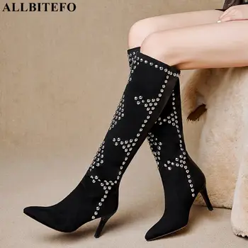 

ALLBITEFO rivets design fashion sexy thin heel women thigh high boots winter shoes knee high boots high heel boots shoes
