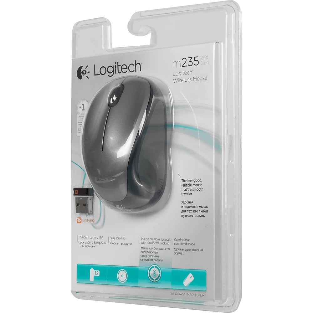 Мышь Logitech M235 серый/черный оптическая(1000dpi) беспроводная USB1.1 для ноутбука(2but