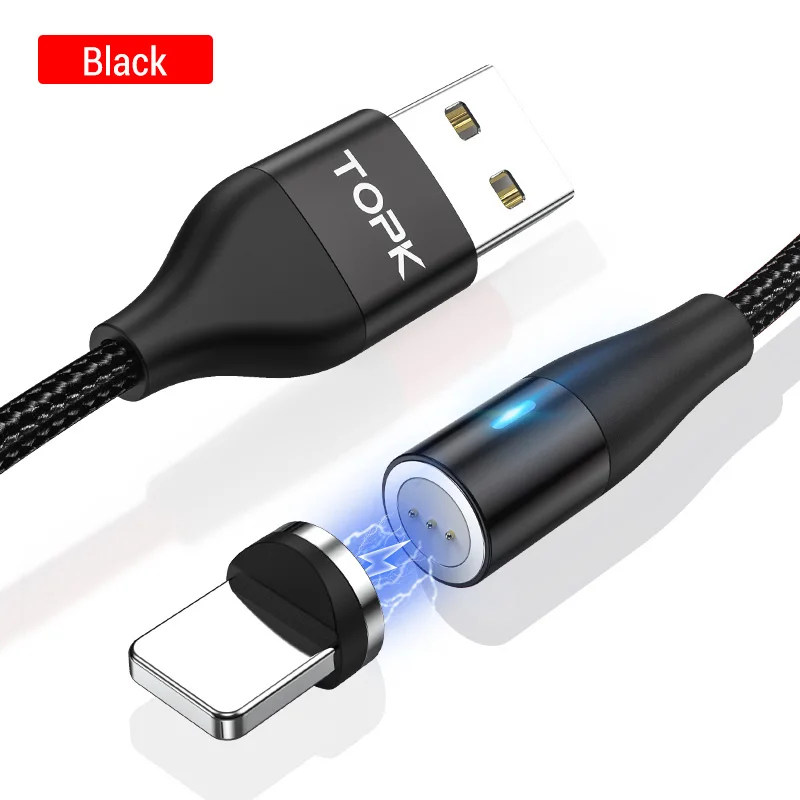 Магнитный usb-кабель TOPK 1 м 3 А, кабель для быстрой зарядки и передачи данных для iPhone Xs Max, Магнитный зарядный кабель Micro USB type-C для samsung S10 - Цвет: Black