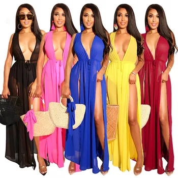 

Summer Fashion Women's Cardigan Chiffon Plus Long Coat Beach Dress Blouse Deep V-neck Splicing Hollow Gauze Temperament Commute