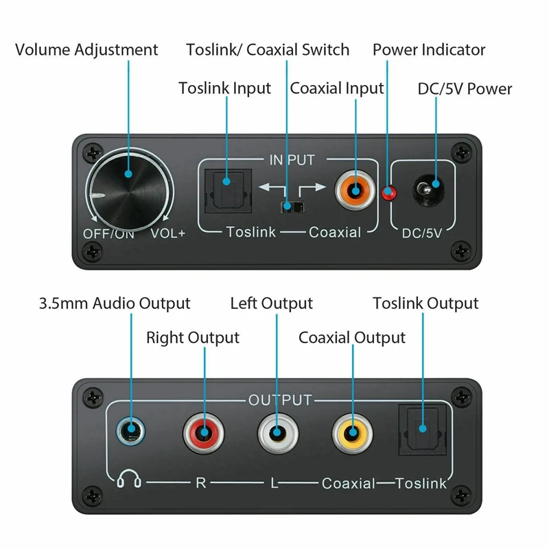 192KHz Digital to Analog Converter 3 5 Jack RCA DAC Spdif Amplifier Decoder Optical Fiber Coaxial For Headphone With Volume Knob