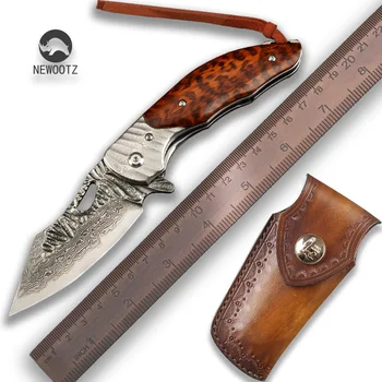 

NEWOOTZ Pocket Folding Knife VG10 Japanese Damascus Steel Blade Snakewood Handle with Leather Sheath for Self Defense