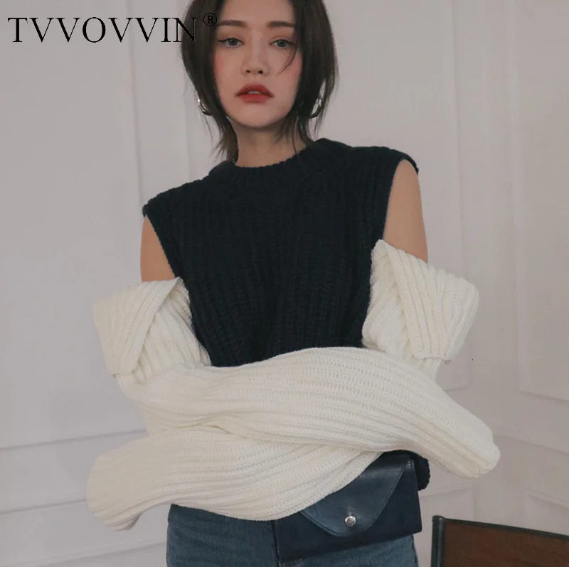

Girl Chic Personality Design Feel Black And White Hit Color Split Joint Off The Cuff Knitting Unlined Upper Garment Sweater C267