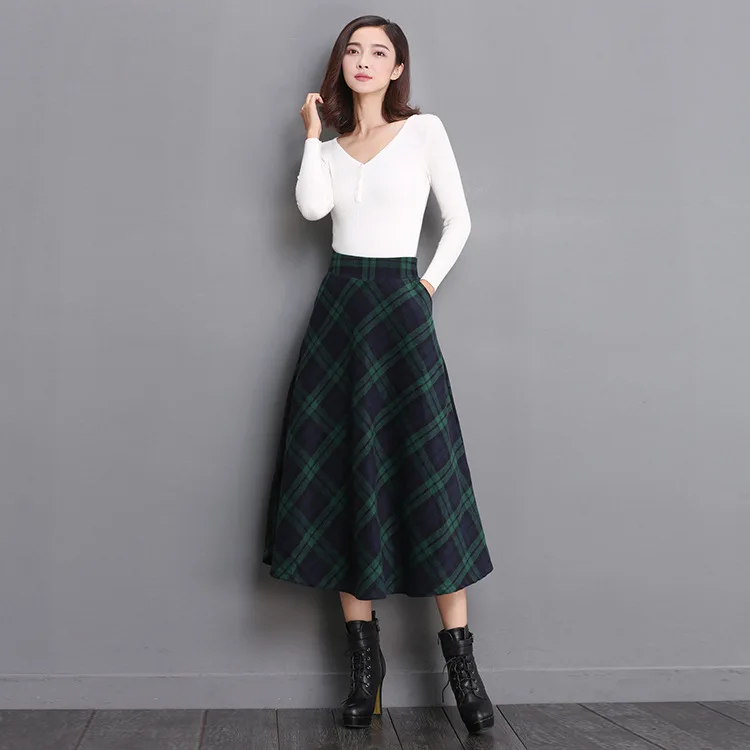 Осенне-зимняя Толстая вязаная юбка Kilt women's A Linie A shape винно-красные миди юбки клетчатые плиссированные большие юбки