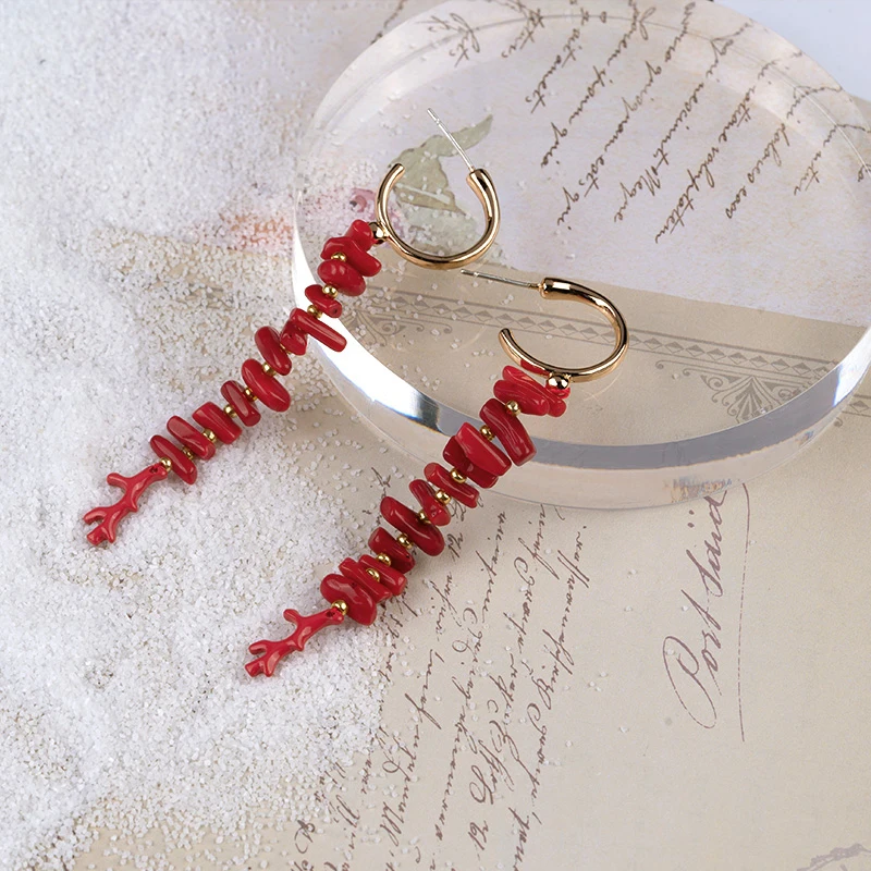 Red Coral Dangle Earrings Bohemia