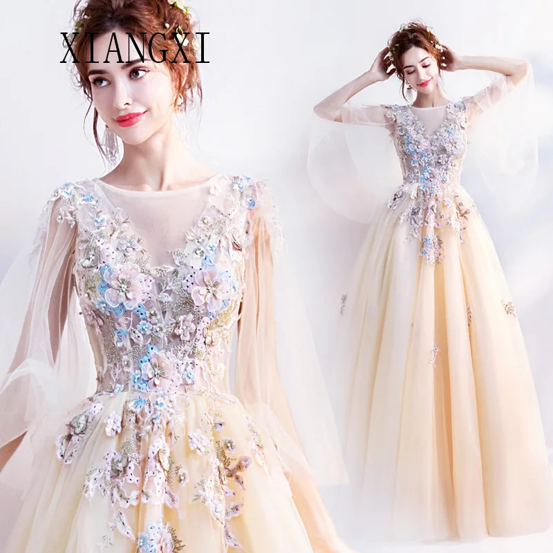 Robe De Soiree/длинное платье цвета шампанского с круглым вырезом, рукавами, объемным цветком, а-силуэт, вечерние платья, длинное официальное вечернее платье, Vestidos de festa