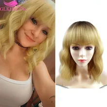 

Short Water Wave Ombre Blonde Bob Wig Hair with Bangs High Heat-resistant Fiber Daily Cosplay Wig for Girl Synthetic Hair Wigs