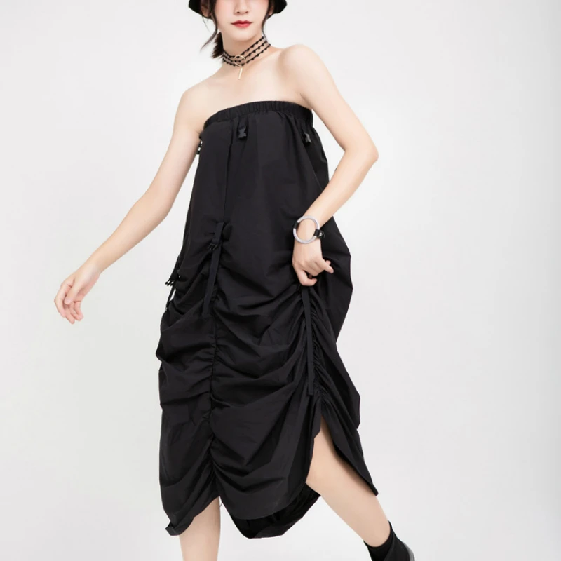 

2020 Long Asymmetrical Women Skirt Strapless Skirts 2 Wear Ways Plus Size Black Gather Skin Female Skirts Spring with Buckle