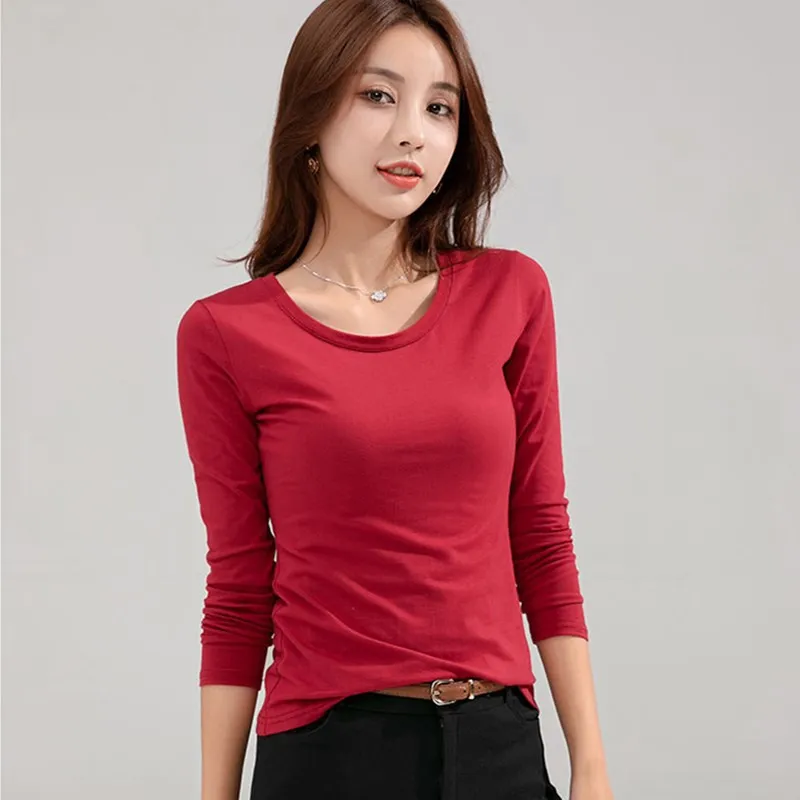 Fashion New Spring Women S-3XL O-Neck Long-Sleeve T Shirts Solid Color Cotton T-Shirt Office Lady Top Tees Clothing Party Gift