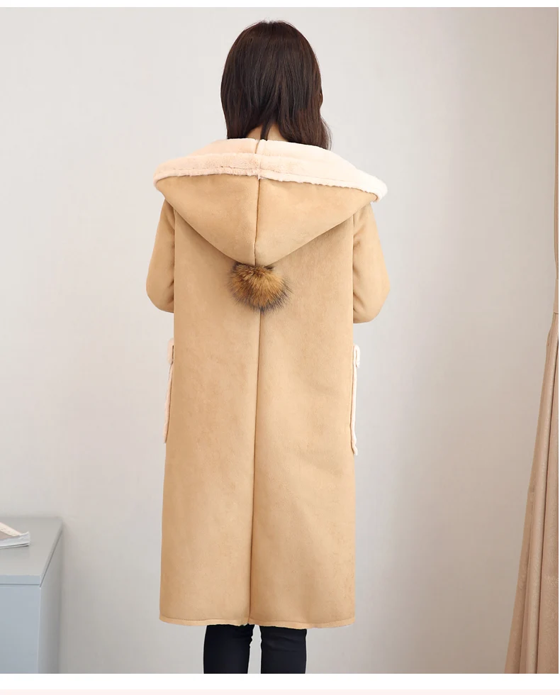 Зимнее женское теплое пальто с имитацией оленьей кожи с капюшоном, тяжелое плотное длинное пальто из берберского флиса, верхняя одежда с подкладкой из овечьей шерсти