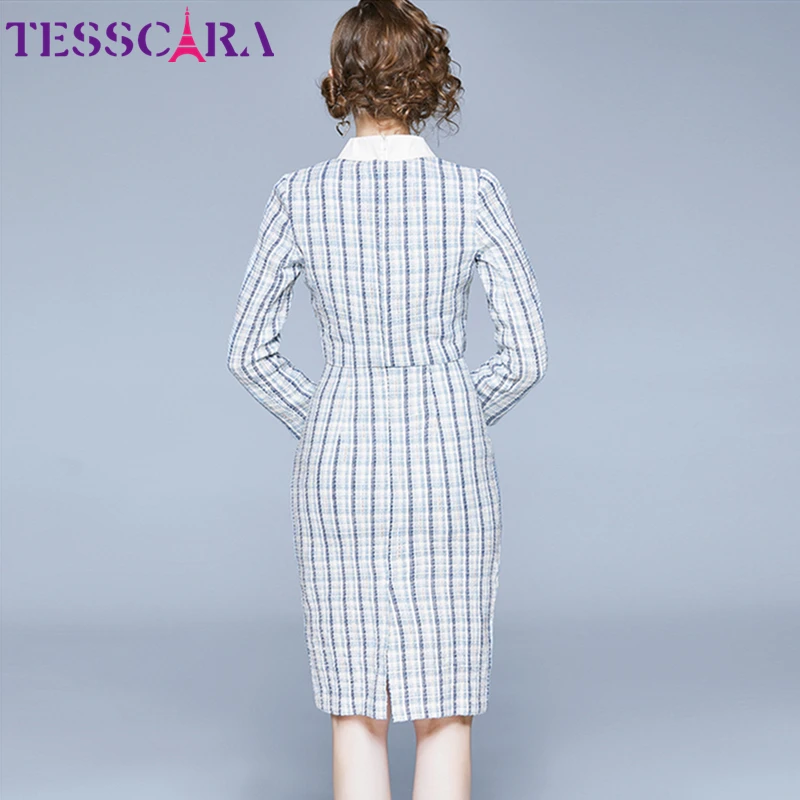 TESSCARA, для женщин, осень, зима, элегантное платье в клетку, костюм, набор, женский, бисер, дизайнерские, офисные, вечерние, Vestidos, высокое качество, Блейзер, Халат