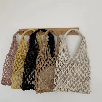 

2020 Summer Cotton Thread Knitting Women Handbag Female Woven Shoulder Bag Ladies Net Hollow Bag Middle Beach Bag Set Whole Sale