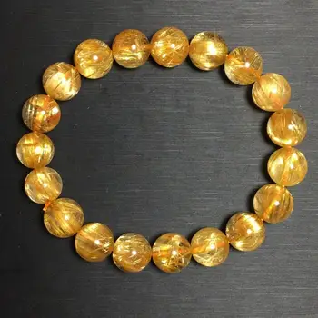 

Certificate Natural Gold Rutilated Quartz Bracelet 10.6mm Crystal Woman Man Titanium Clear Round Beads AAAAA
