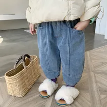 Autumn and Winter New Arrival Korean style cotton pure color loose harlen thickened jeans pants for cute baby girl and boy