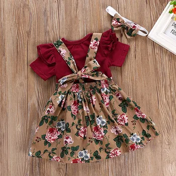 

Baby Clothes Sets Summer Style Kids Clothes Cotton Short Sleeves T-shirt+Flower Strap Dress +Headband 3Pcs Toddler Clothing