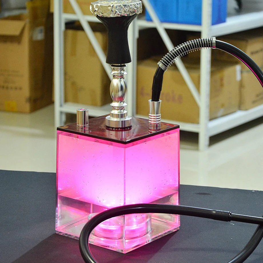 

New modern square acrylic hookah set with LED lamp silicone bowl and pipe and pliers